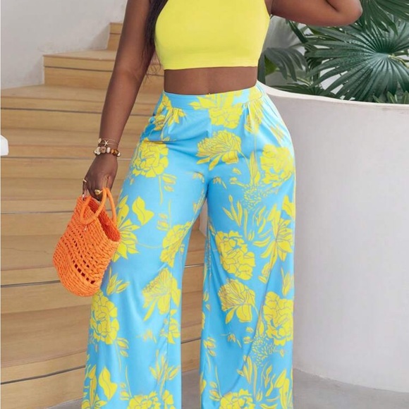 Floral Blue and Yellow Wide-Leg Pants - Picture 2 of 5